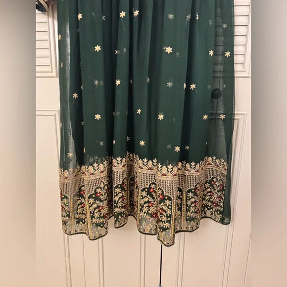 3 Pcs Dark Green Womens Embroidered Long Frock Pakistani Indian Size Medium - Picture 2 of 6